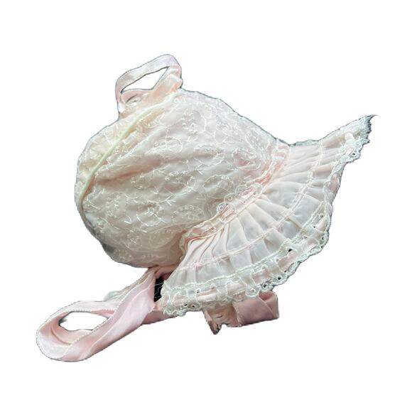 Vintage Baby Bonnet with Wired Rim White and Pink - Picture 1 of 4